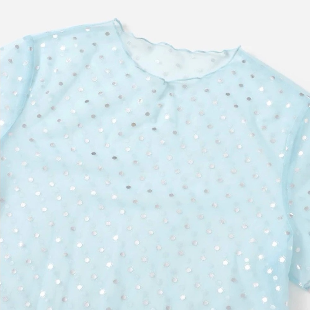 Baby Blue Mesh Crop Top with Silver Metallic Polkadots and Lettuce Trim Hem NWOT - Picture 3 of 12